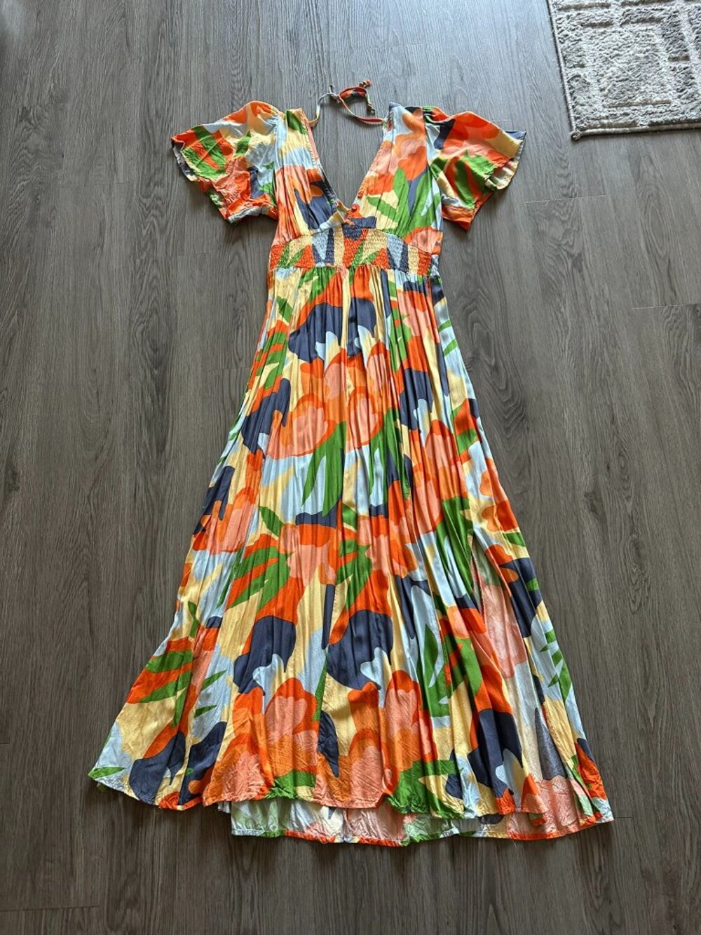 Floral Print V-Neck Smocked Hilda Maxi Dress - Orange - Abel the Label - Medium